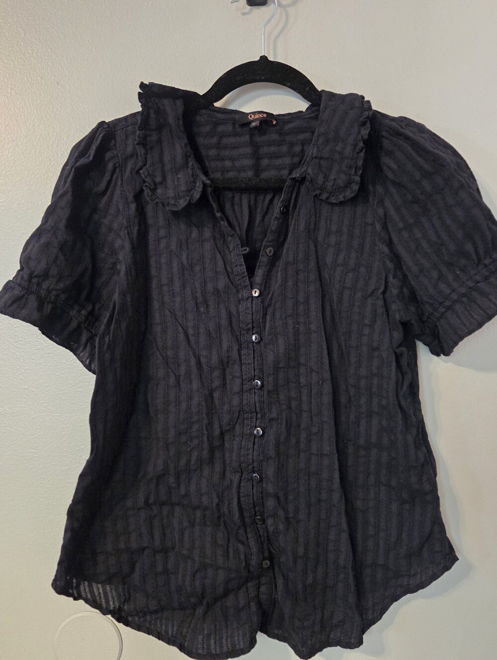 Quince Women's Black Embroidered Cotton Ruffle Collar Short Sleeve Blouse Sz L - Picture 5 of 9